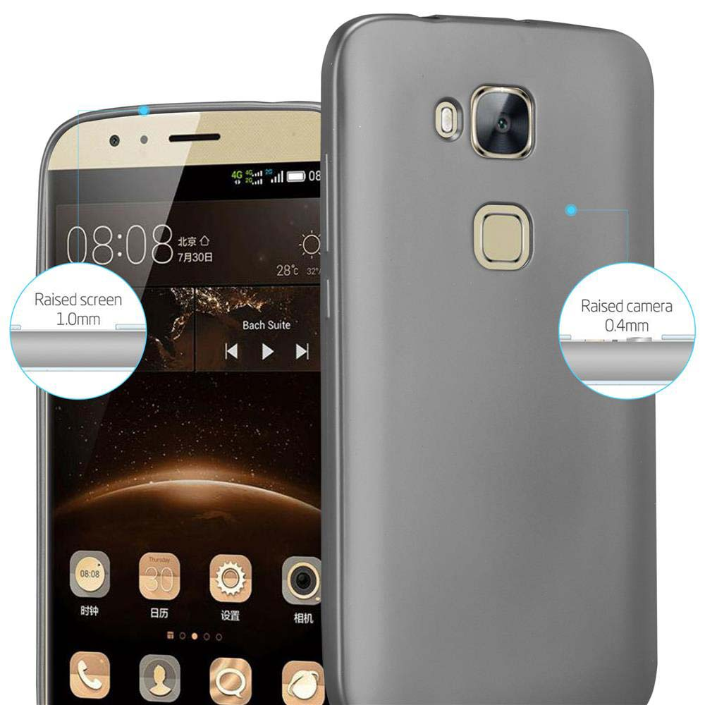 Un teléfono y una funda grises. El teléfono muestra la hora, la funda está en la parte posterior.