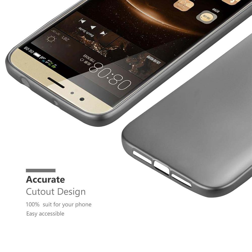 Teléfono en una funda. Funda gris con pantalla de teléfono. Fondo borroso. Texto: Diseño de corte preciso.