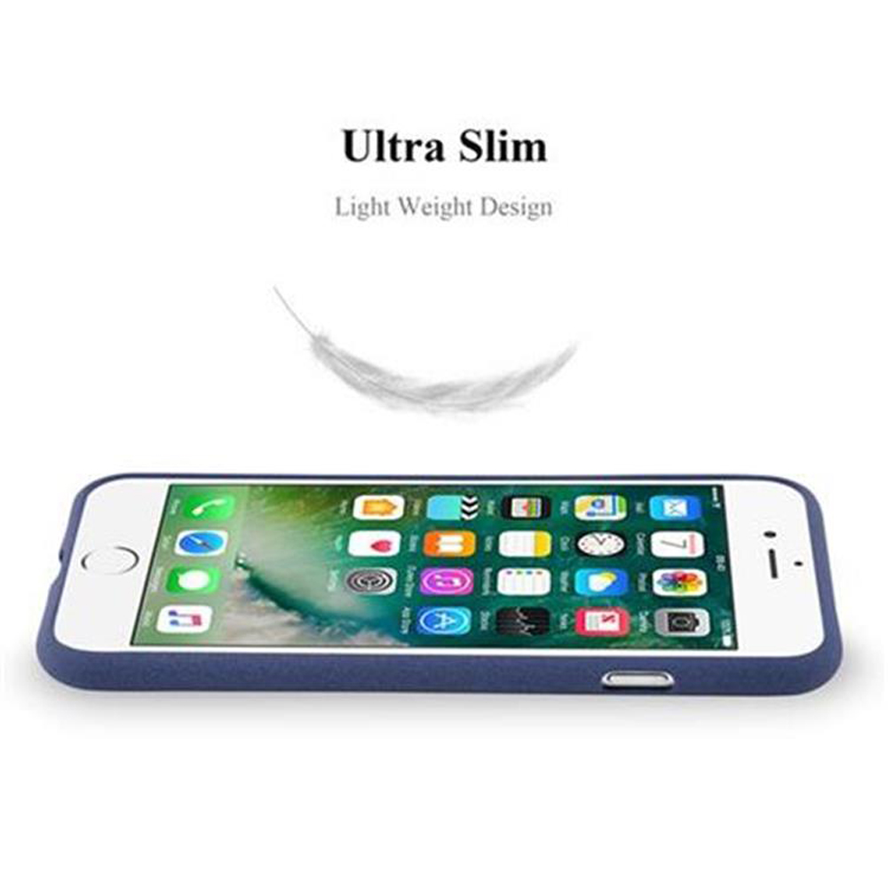 Custodia blu per telefono con telefono. Sfondo bianco, piuma. Testo: Ultra Slim, Light Weight Design.
