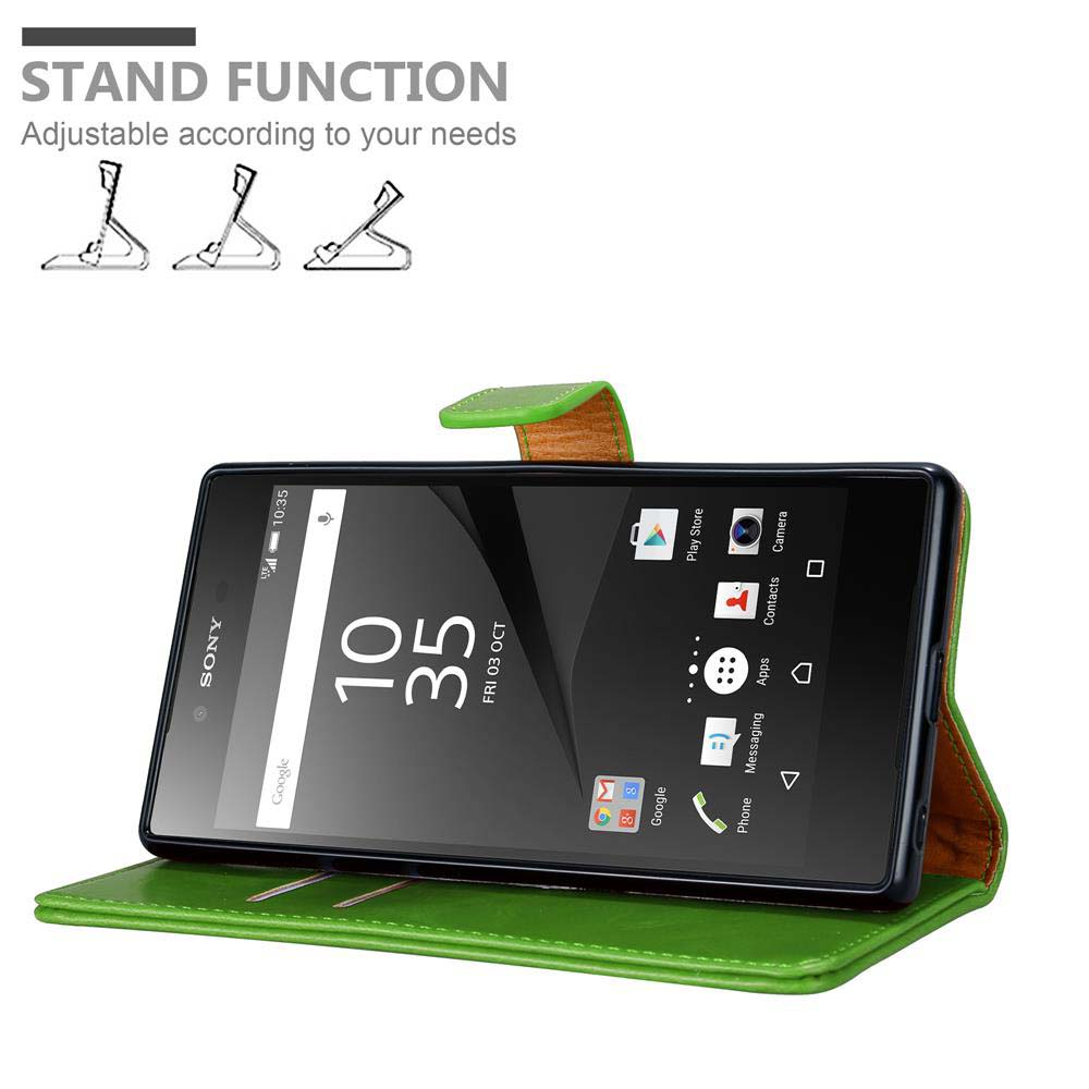Funda verde para teléfono con un teléfono que muestra la hora y la fecha. Texto: STAND FUNCTION.