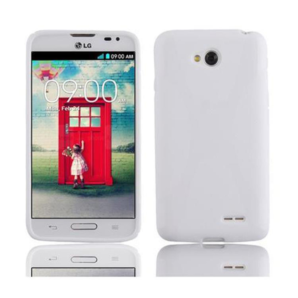 Teléfono blanco con funda. En la pantalla se muestra una niña parada frente a una puerta roja.