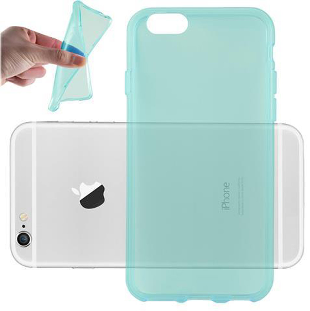 Ein iPhone mit einer durchsichtigen blauen Hülle. Eine Hand hält die Hülle vom Telefon weg.