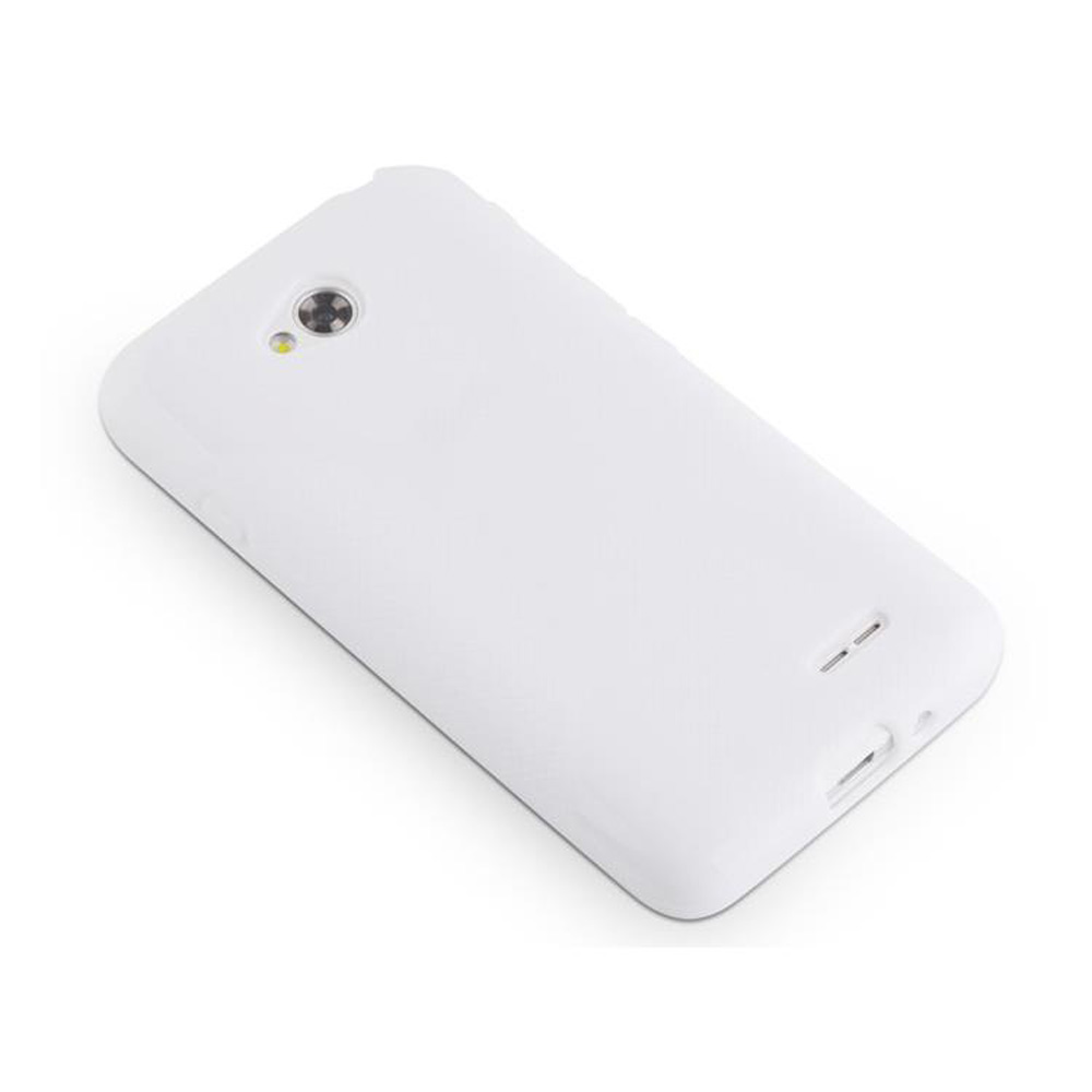Funda blanca para teléfono con orificio para cámara y altavoz.