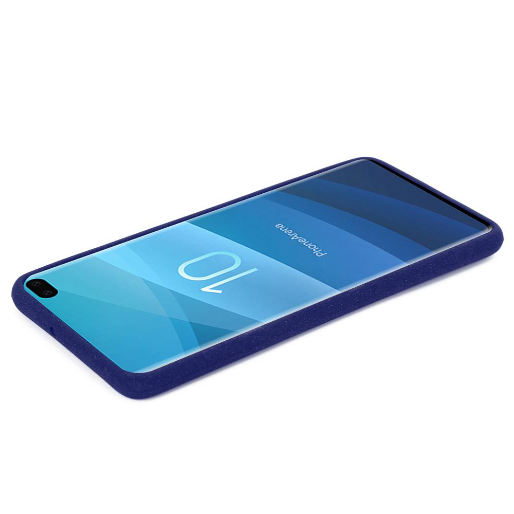Eine blaue Handyhülle auf weißem Untergrund. Der Bildschirm zeigt ein blaues und weißes Design. Das Handy hat eine 10.