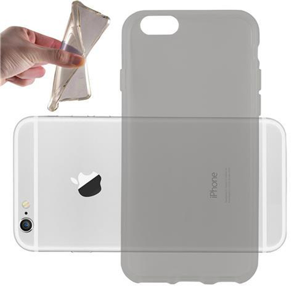 Eine transparente Handyhülle wird hochgehalten, daneben ein Telefon und eine graue Hülle.