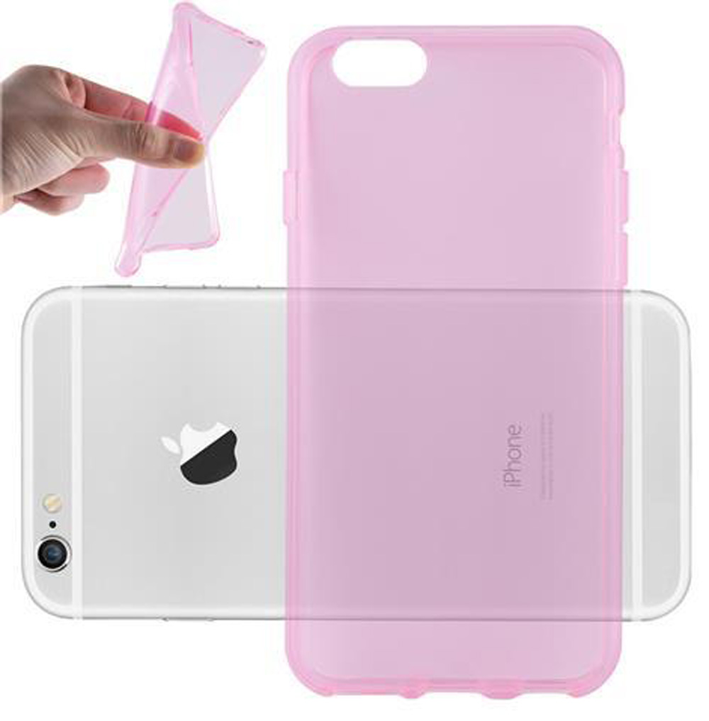 Eine Hand hält eine rosa Handyhülle in der Nähe eines weißen iPhones. Eine transparente Hülle ist sichtbar.