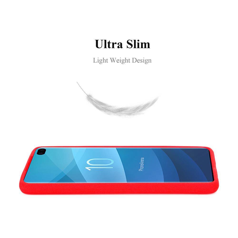 Rote Handyhülle mit Telefon, eine Feder darüber. Text: 'Ultra Slim'.