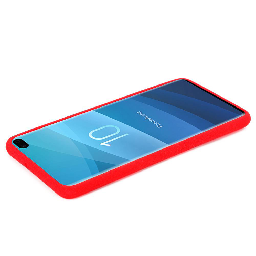 Eine rote Handyhülle mit einem Telefon darin, das das PhoneArena-Logo und die Nummer 10 auf dem Bildschirm zeigt.
