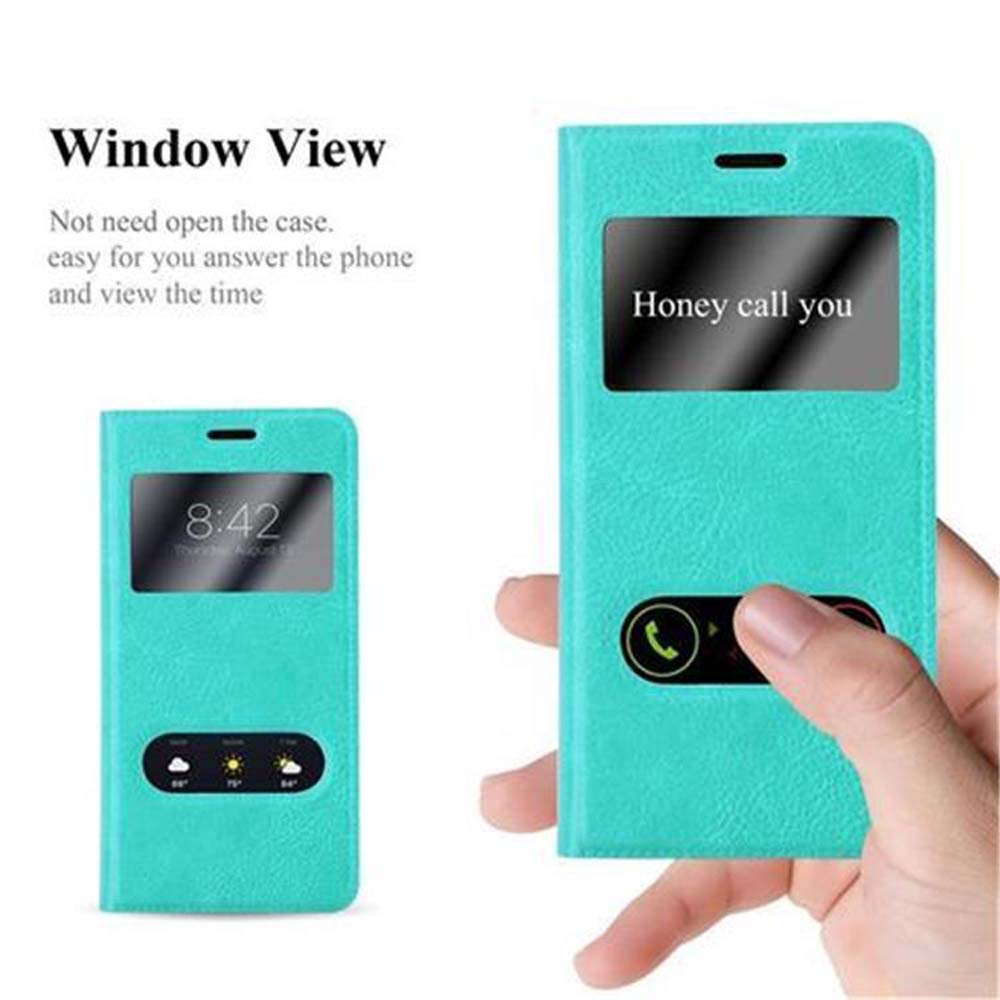 Una custodia per telefono verde acqua, aperta, che mostra il display e una mano che lo tiene.