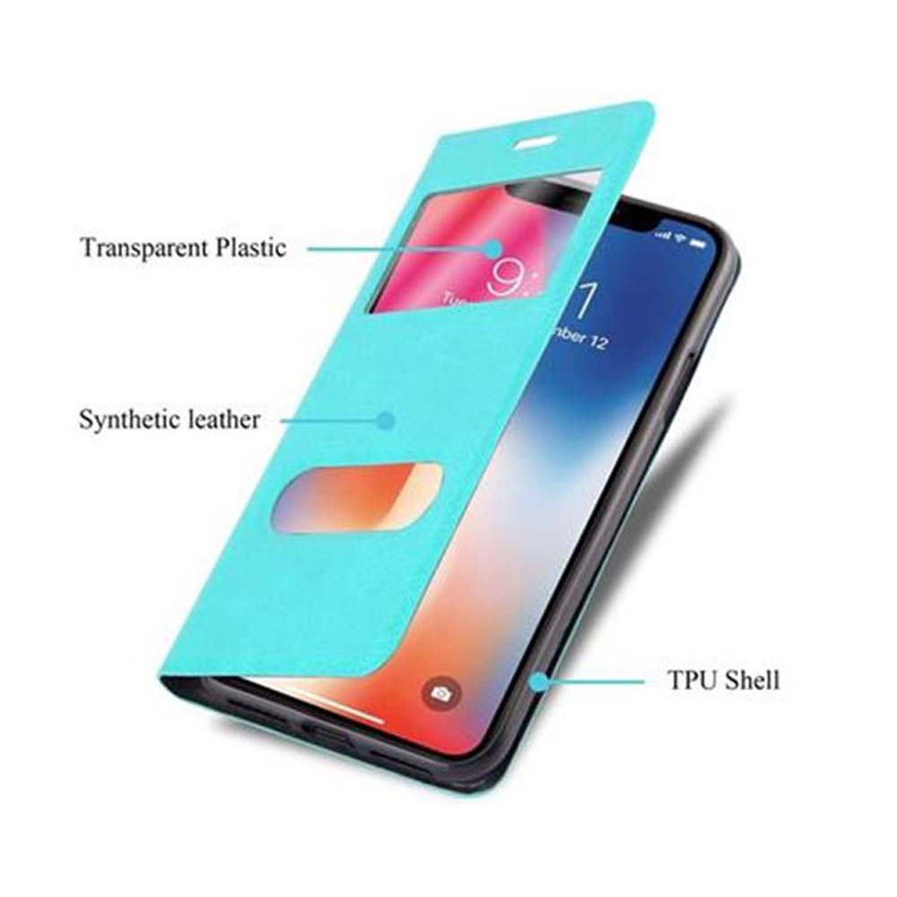 Un telefono in una custodia blu trasparente con patta. Testo: Transparent Plastic, Synthetic leather.