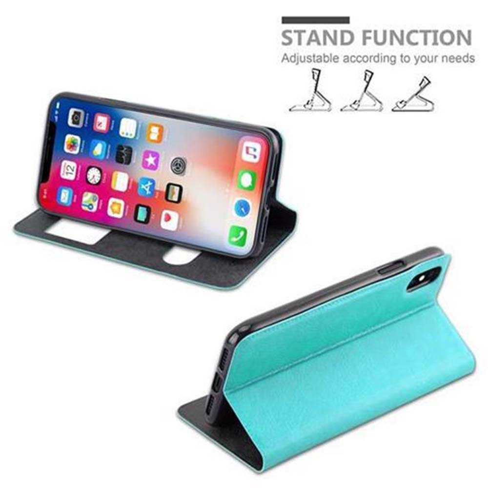 Due telefoni in custodie aperte. Uno mostra le app. Le custodie sono blu. Testo: Funzione stand.