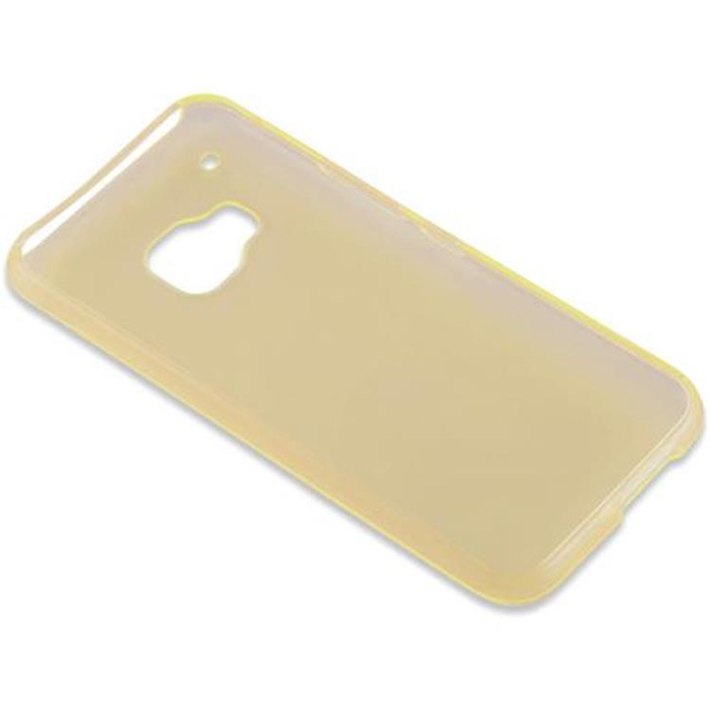 Gelbliche Handyhülle, transparent. Winkelansicht, weißer Hintergrund. Zeigt die Rückseite.
