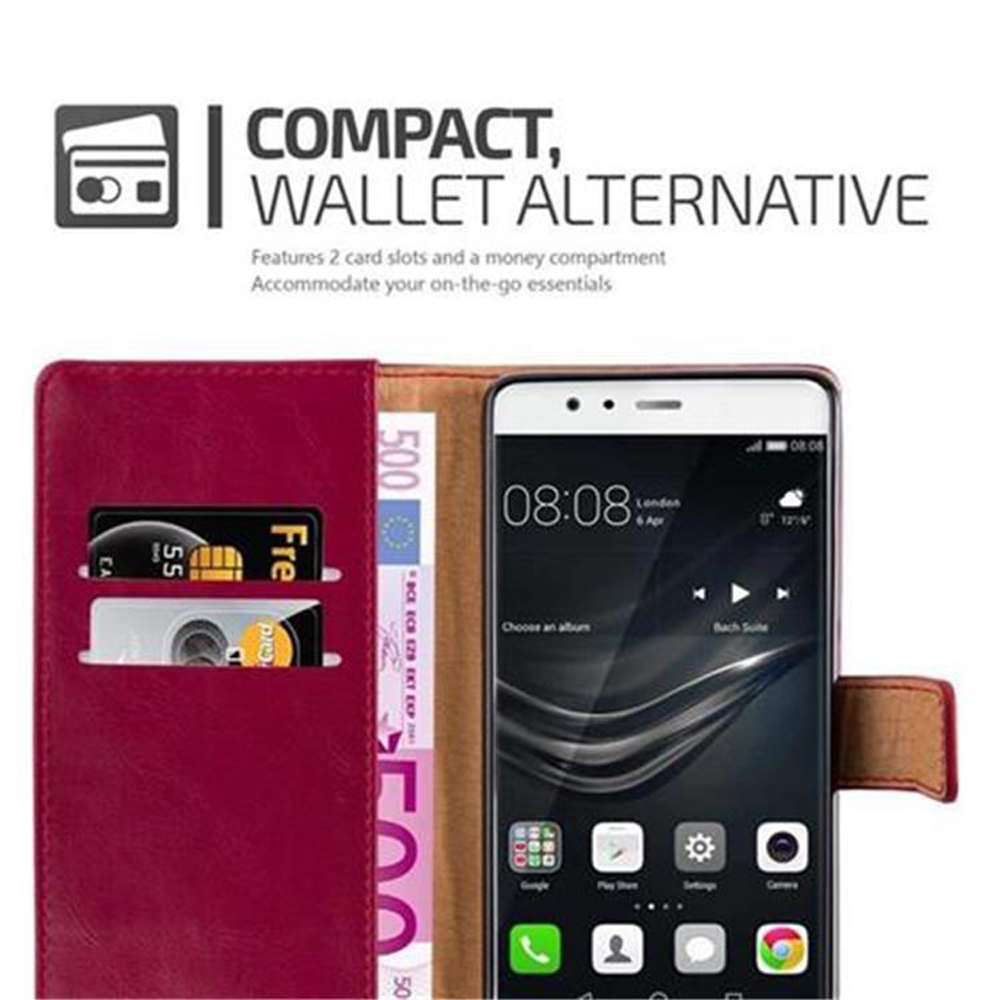 Ein Telefon mit Karten und Geld in einer Brieftaschenhülle. Eine rote Hülle ist vorhanden.