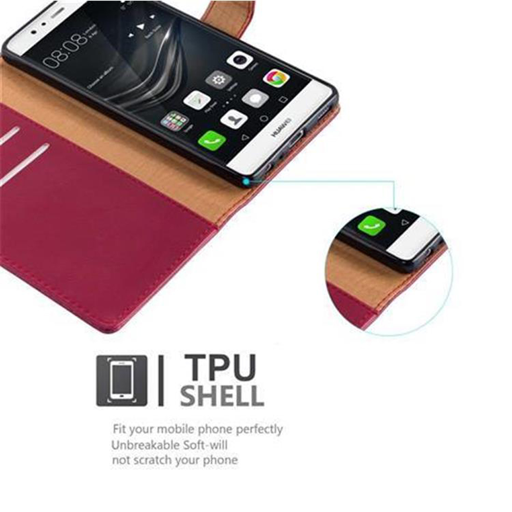 Ein Telefon in einer rot-braunen Brieftaschenhülle wird gezeigt. Der Bildschirm des Telefons ist sichtbar, zusammen mit Designmerkmalen.
