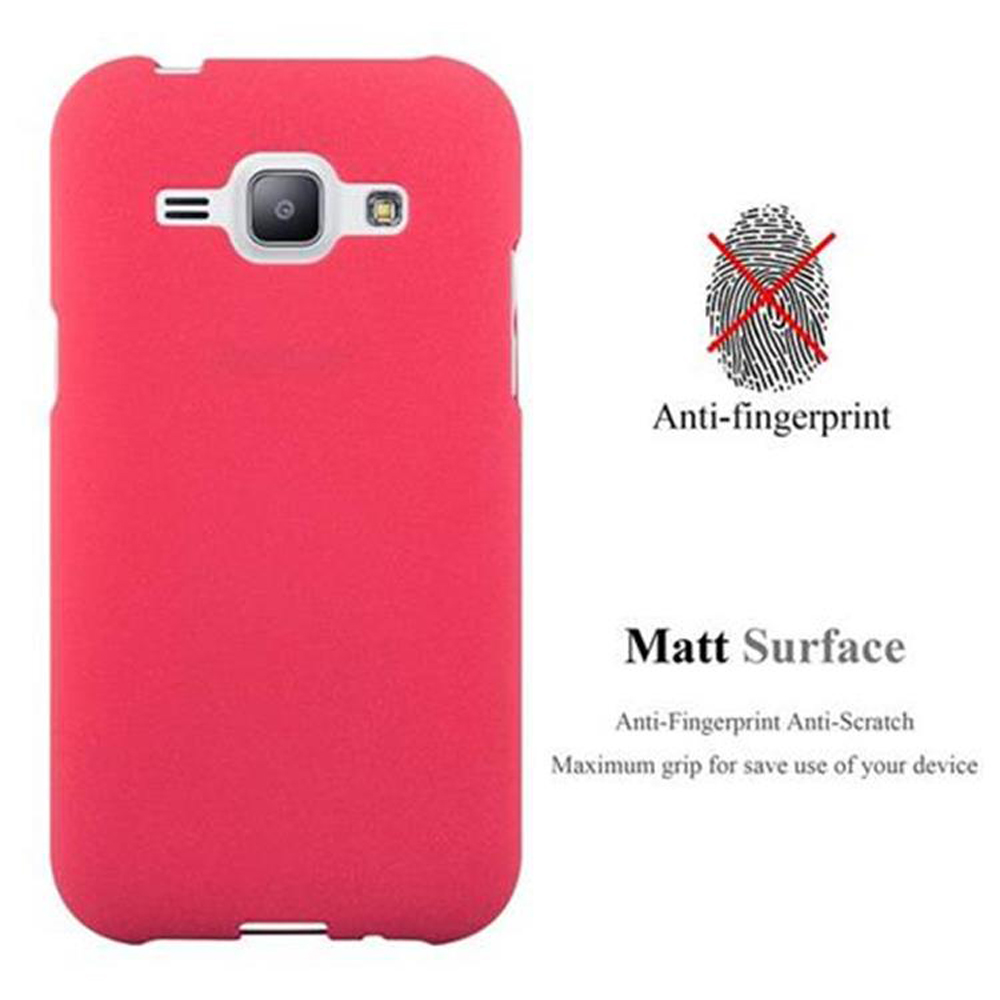 Custodia rossa per telefono con grafica delle impronte digitali. Il testo dice anti-impronte e superficie opaca.