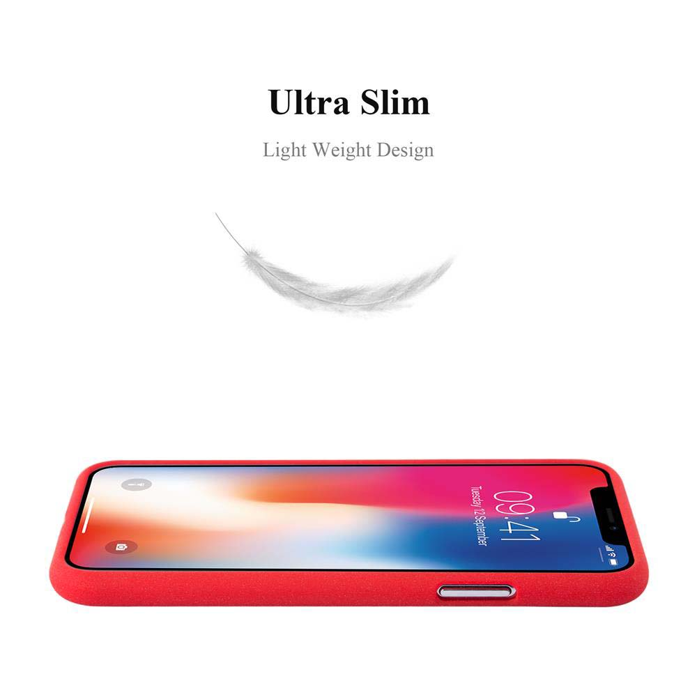 Telefono rosso in custodia. Design ultra sottile. Piuma bianca sullo sfondo.