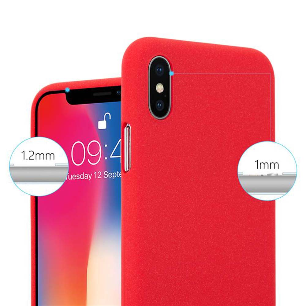 Custodia rossa. Il telefono è visibile. Due linee mostrano lo spessore, 1,2mm e 1mm.