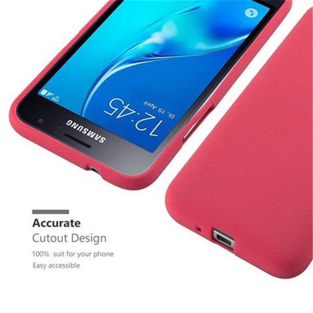 Custodia rossa con telefono rosso all'interno, che mostra la fotocamera e lo schermo.