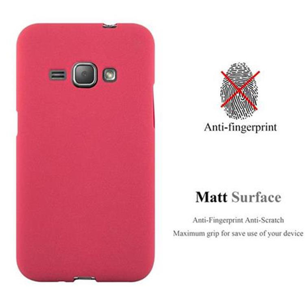 Custodia rossa per telefono con telefono. Testo: 'Anti-impronte' e 'Superficie opaca'.