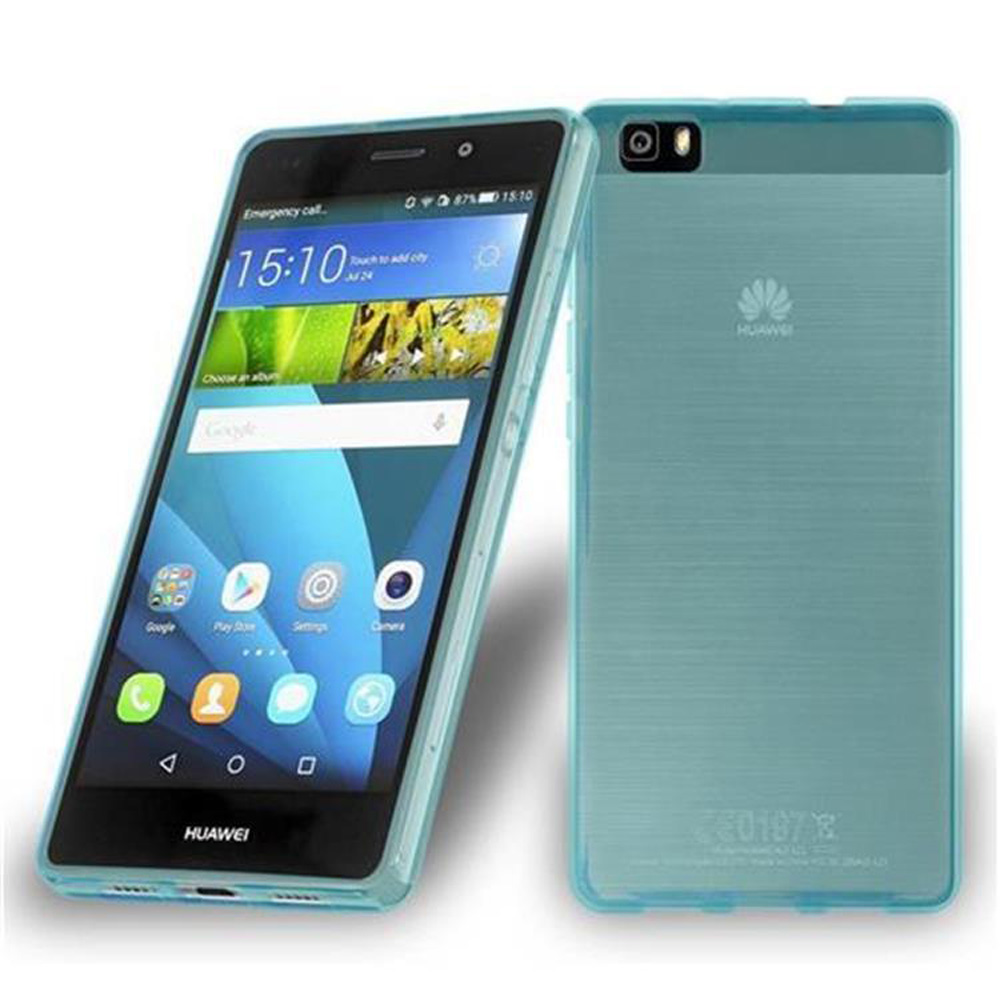 Telefono blu con custodia protettiva. Testo: Huawei.