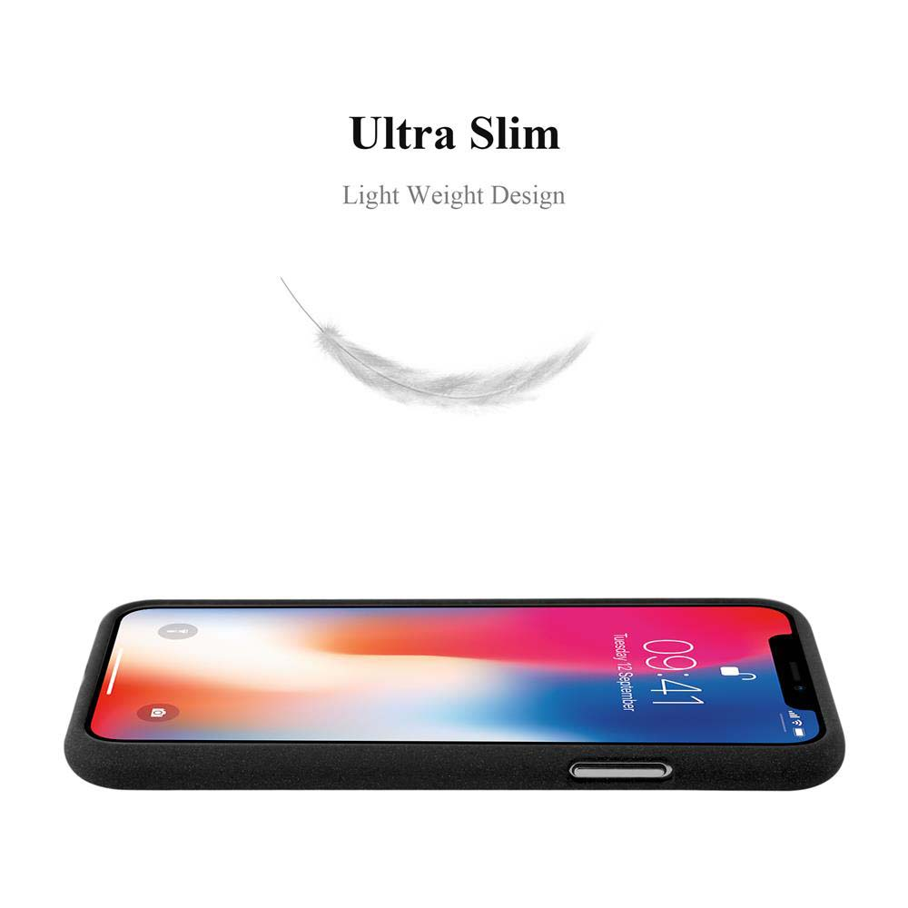 Telefono nero con custodia nera. Una piuma bianca si libra sopra il telefono. Testo: Ultra Slim, Design leggero.