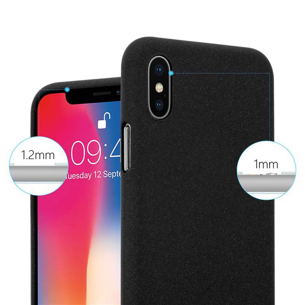Una custodia nera per telefono con un telefono all'interno. I diagrammi mostrano lo spessore dello schermo e della custodia.