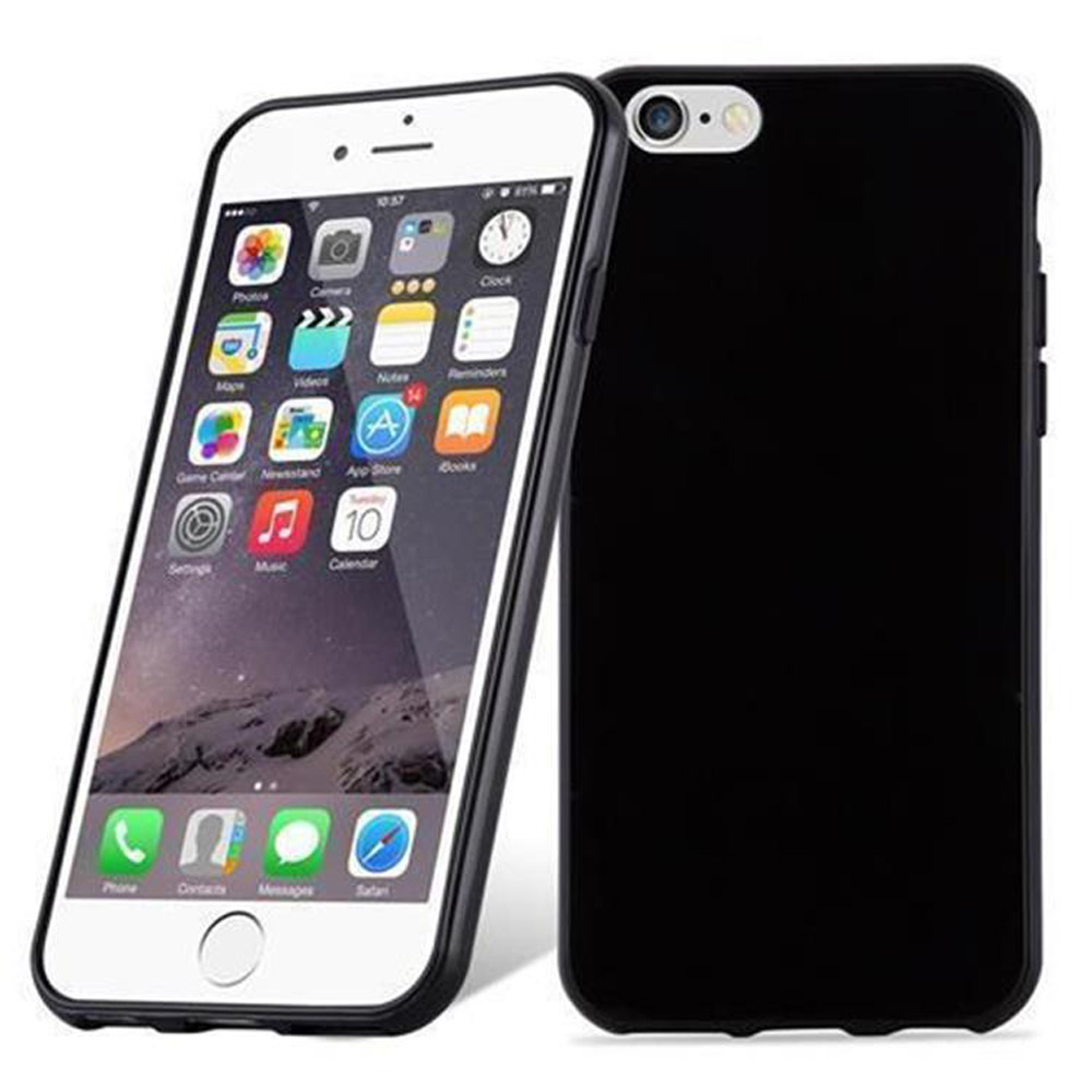 iPhone mit schwarzem Gehäuse. Der Bildschirm zeigt App-Symbole. Ein zweites Telefon mit schwarzer Rückseite liegt daneben.