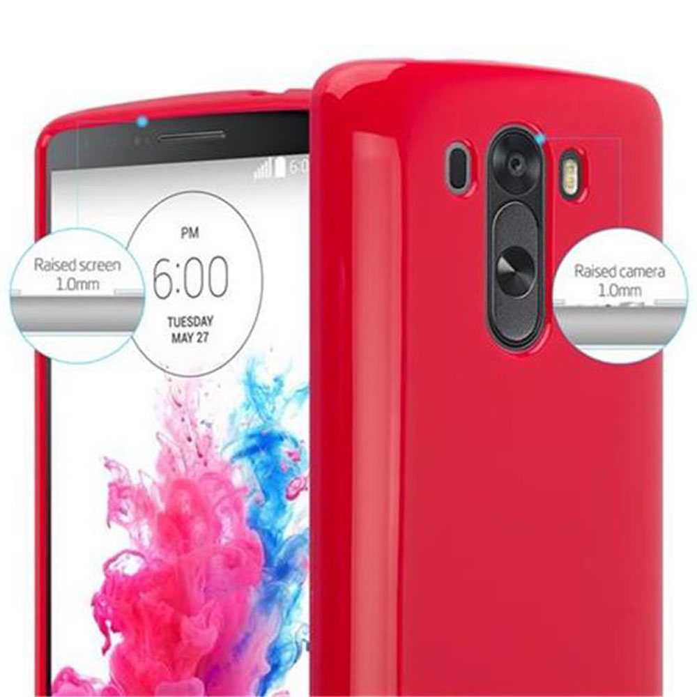 Custodia rossa per telefono con telefono a destra. Testo: Schermo e fotocamera rialzati 1,0 mm.
