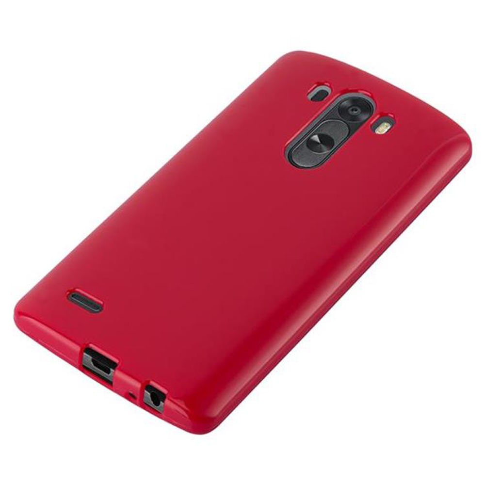 Custodia rossa per telefono. La custodia ha un foro per la fotocamera, un foro per il flash e una porta di ricarica.