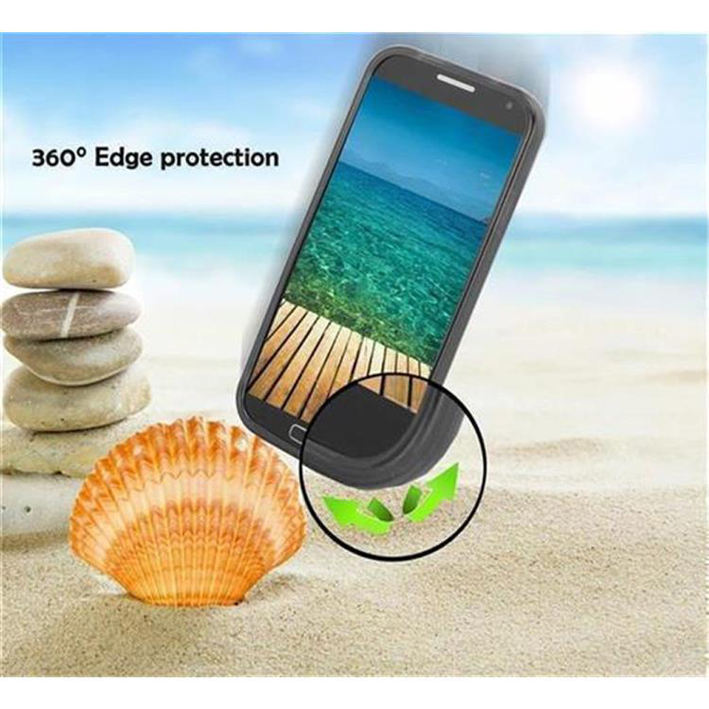Smartphone mit Strandblick, liegt im Sand mit Muschel. Text: 360° Kantenschutz.