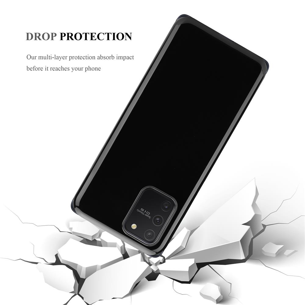 Schwarzes Telefon über zerbrochener weißer Oberfläche. Text: Fallschutz.
