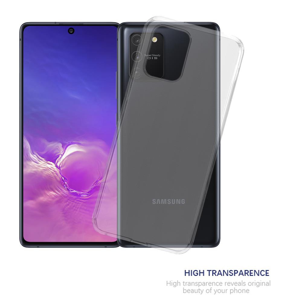 Transparente Handyhülle auf einem Telefon, zeigt die Rückseite des Telefons. Text: Hohe Transparenz. Zeigt die Schönheit.