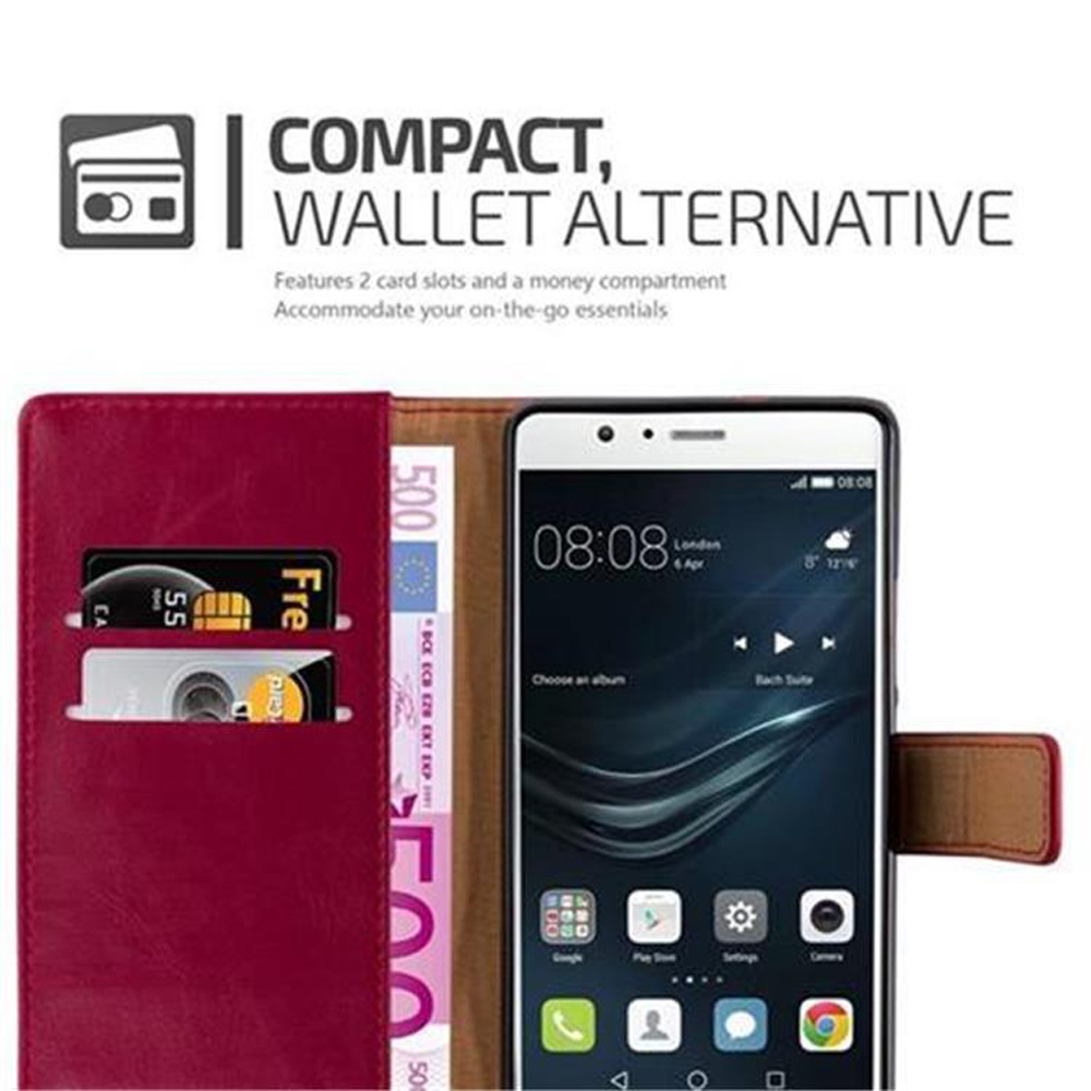 Una funda tipo cartera con un teléfono dentro. La funda tiene ranuras para tarjetas y un compartimento para dinero. La pantalla del teléfono está encendida.