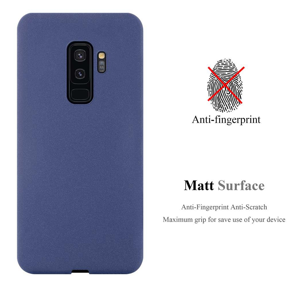 Custodia blu per telefono con telefono. Testo: 'Anti-impronte' e 'Superficie opaca'.