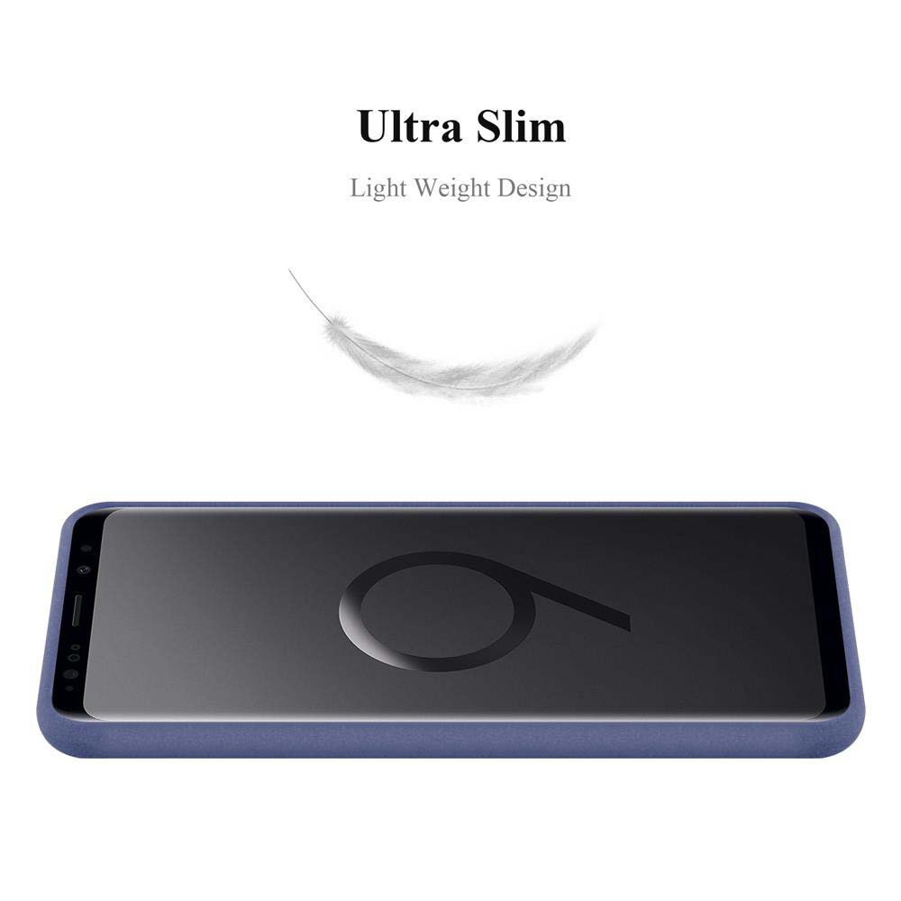 Un telefono su una custodia blu con una piuma fluttuante e testo Ultra Slim.