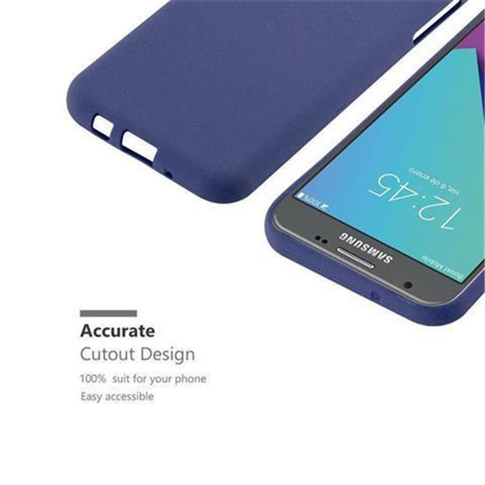 Custodia blu scuro, ritagli mostrati, che tiene un telefono Samsung con schermo.