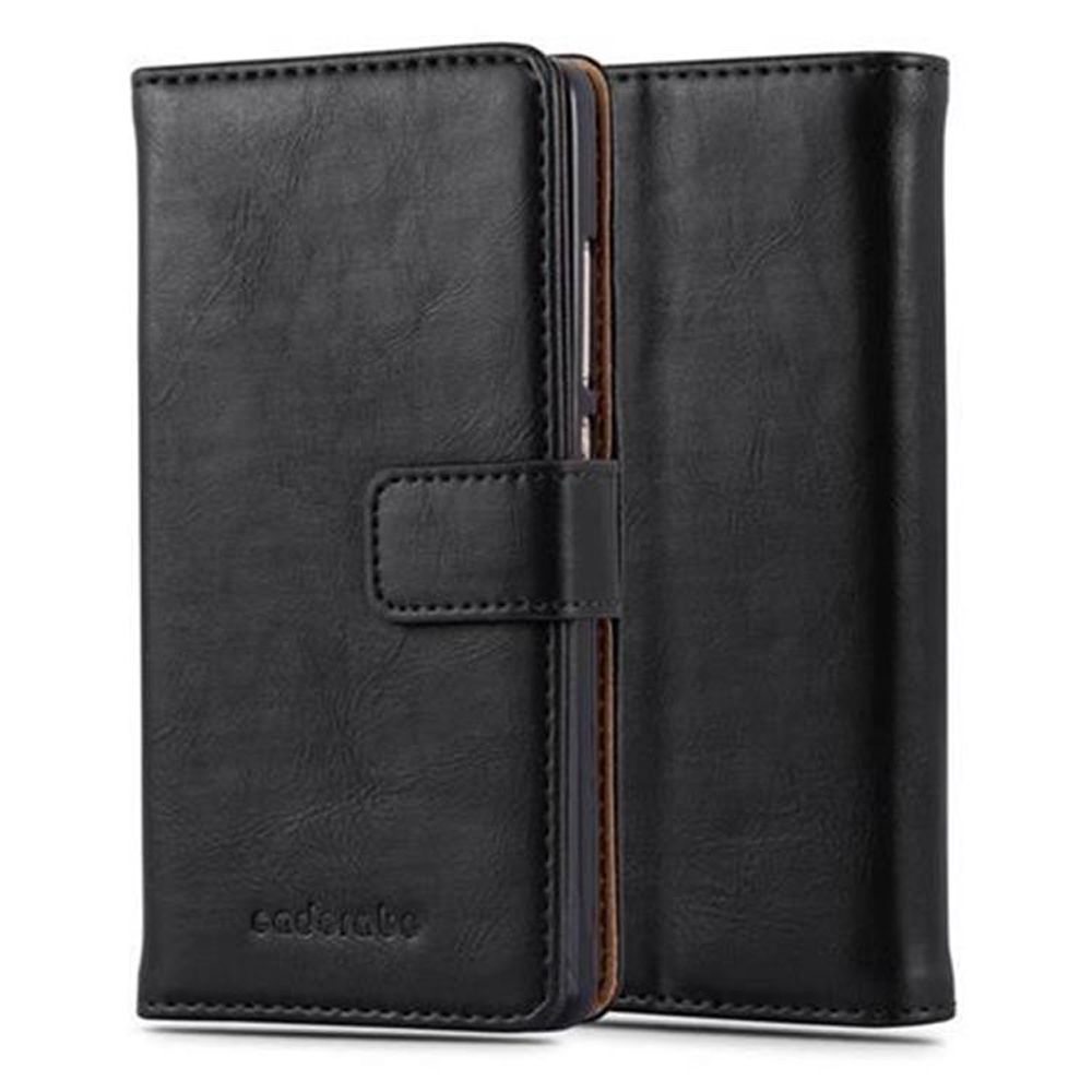 Funda de teléfono de cuero negro, abierta y cerrada. Fondo blanco.