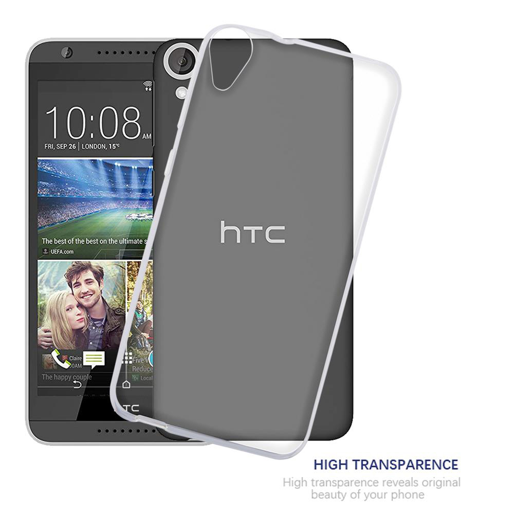 Eine transparente Handyhülle liegt auf einem schwarzen Telefon und zeigt den Bildschirm und das HTC-Logo.