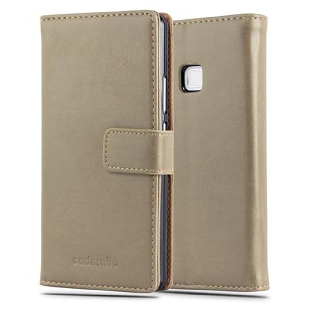 Funda beige para teléfono con teléfono dentro, cerrada a la izquierda.