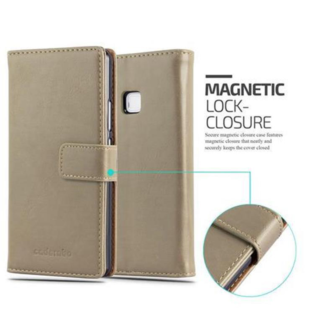 Funda de teléfono beige, abierta, con cierre magnético. Texto: cierre magnético, cierre seguro.
