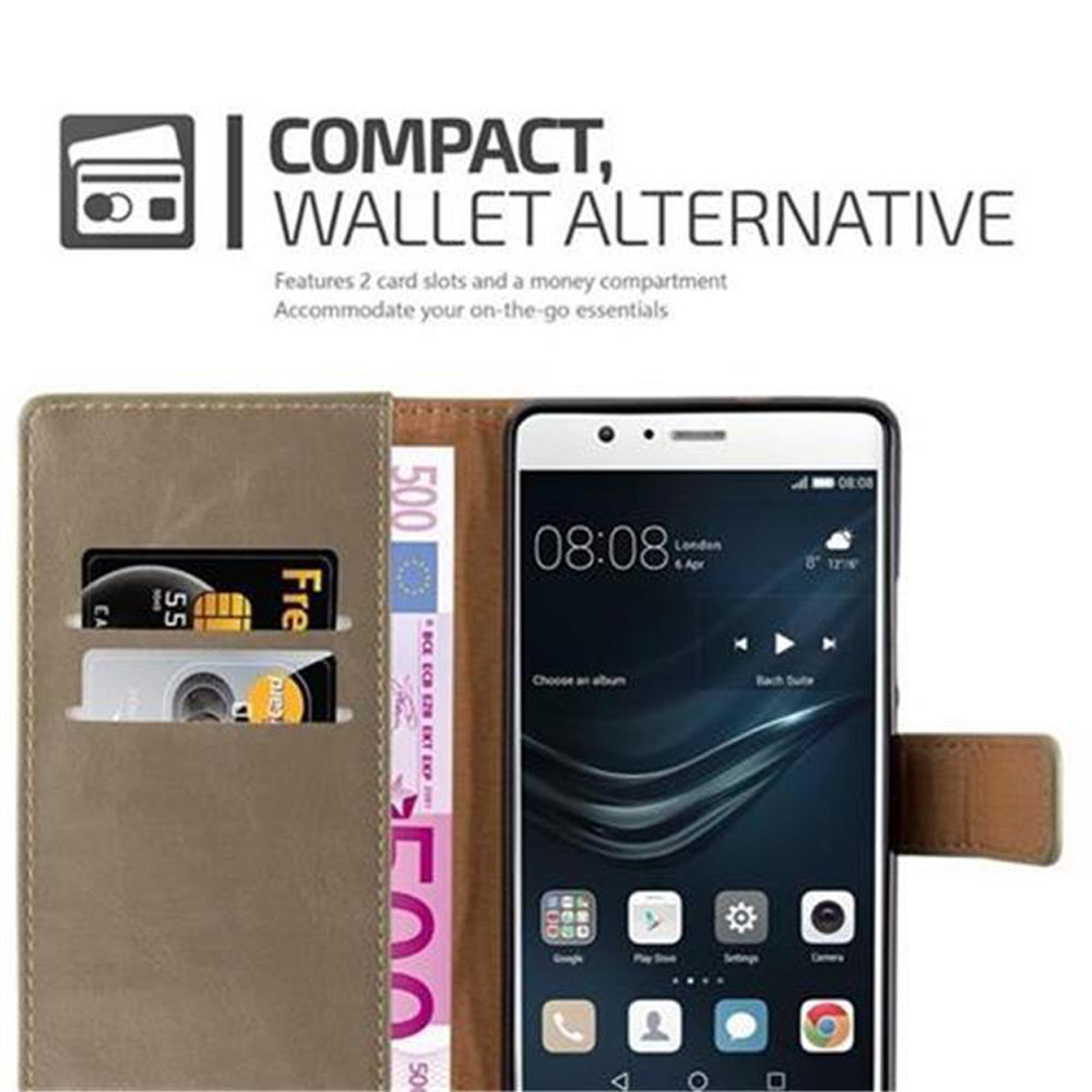 Un teléfono en una funda tipo cartera abierta con tarjeta de crédito y efectivo visibles, con el texto 'COMPACT, WALLET ALTERNATIVE'.