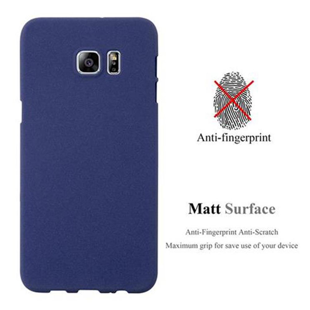 Custodia blu per telefono con caratteristiche anti-impronta e superficie opaca. Il testo descrive le caratteristiche.