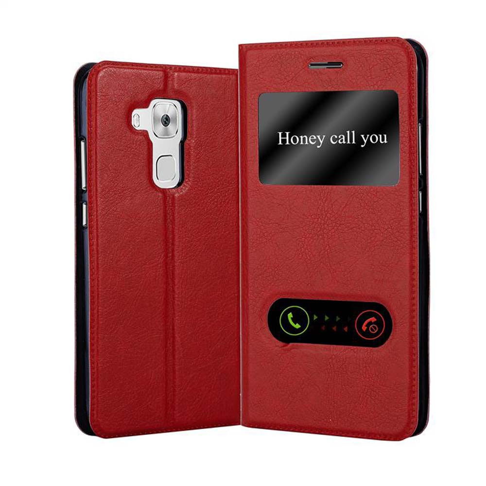 Funda roja con 'Honey call you' en la pantalla, botones y cámara visibles.