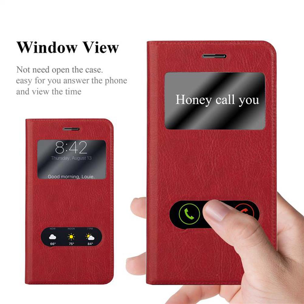 Funda de teléfono roja con ventana con texto 'Honey call you'. Mano sosteniéndola.