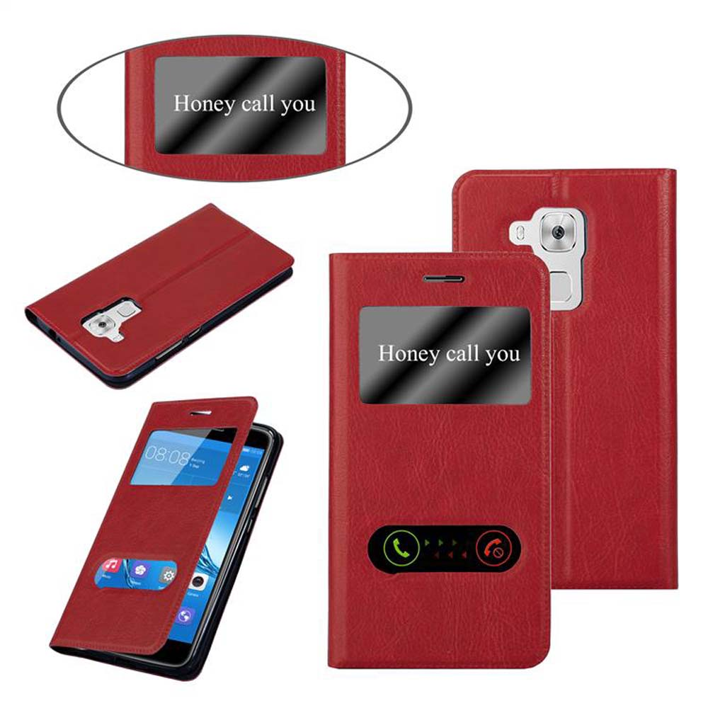 Se muestran fundas rojas para teléfono, una abierta con un teléfono que muestra la hora, otra cerrada con el texto 'Honey call you'.