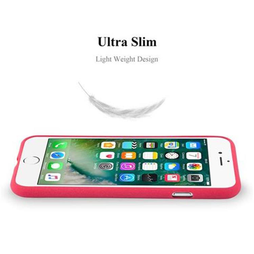 Telefono con app e custodia rossa, testo 'Ultra Slim, Light Weight Design' e una piuma.