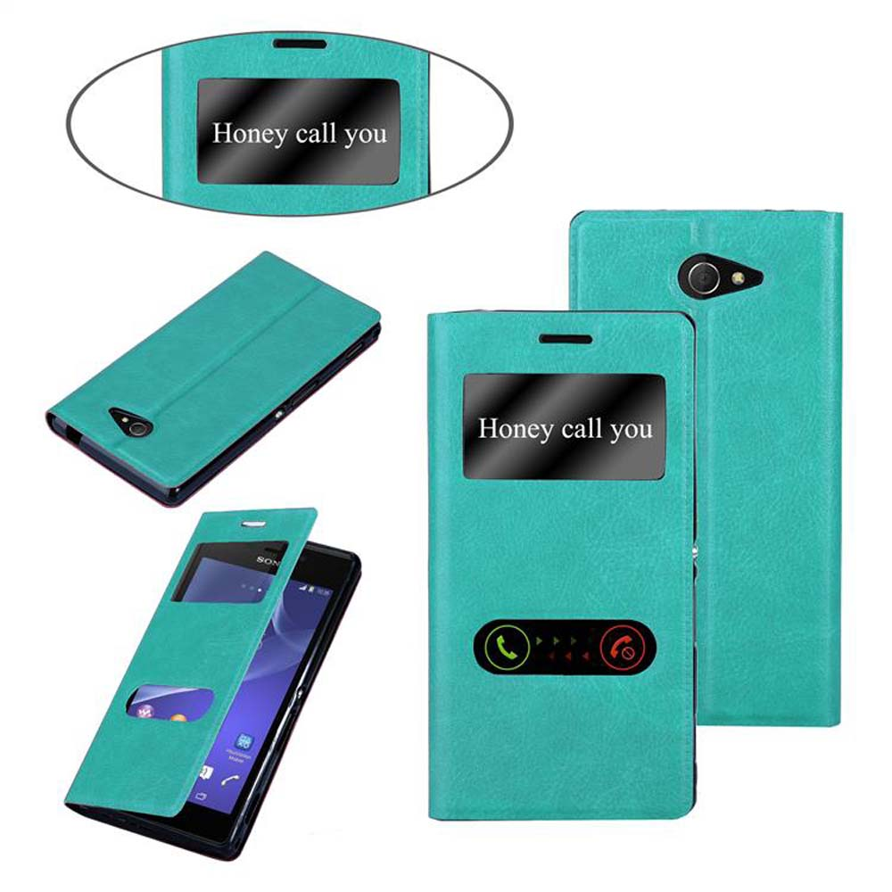 Una funda de teléfono color turquesa con una ventana para la pantalla. La pantalla muestra una notificación de llamada.