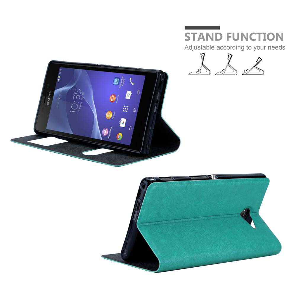 Funda de tableta turquesa, abierta con tableta. Función de soporte y logo Sony visibles.