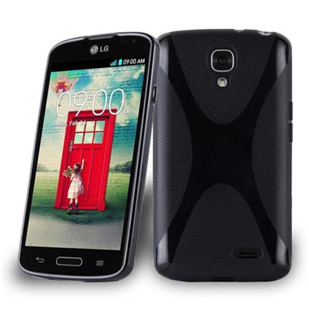 Téléphone LG et une coque. Fond blanc. Le téléphone affiche un écran.