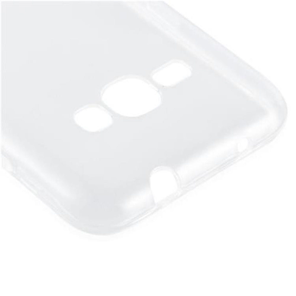 Custodia trasparente per telefono, primo piano. Mostra i fori per la fotocamera e altre parti del telefono.